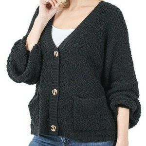 Zenana Cardigan Slouchy Sweater Pockets Button Down Popcorn Knit Black   L XL